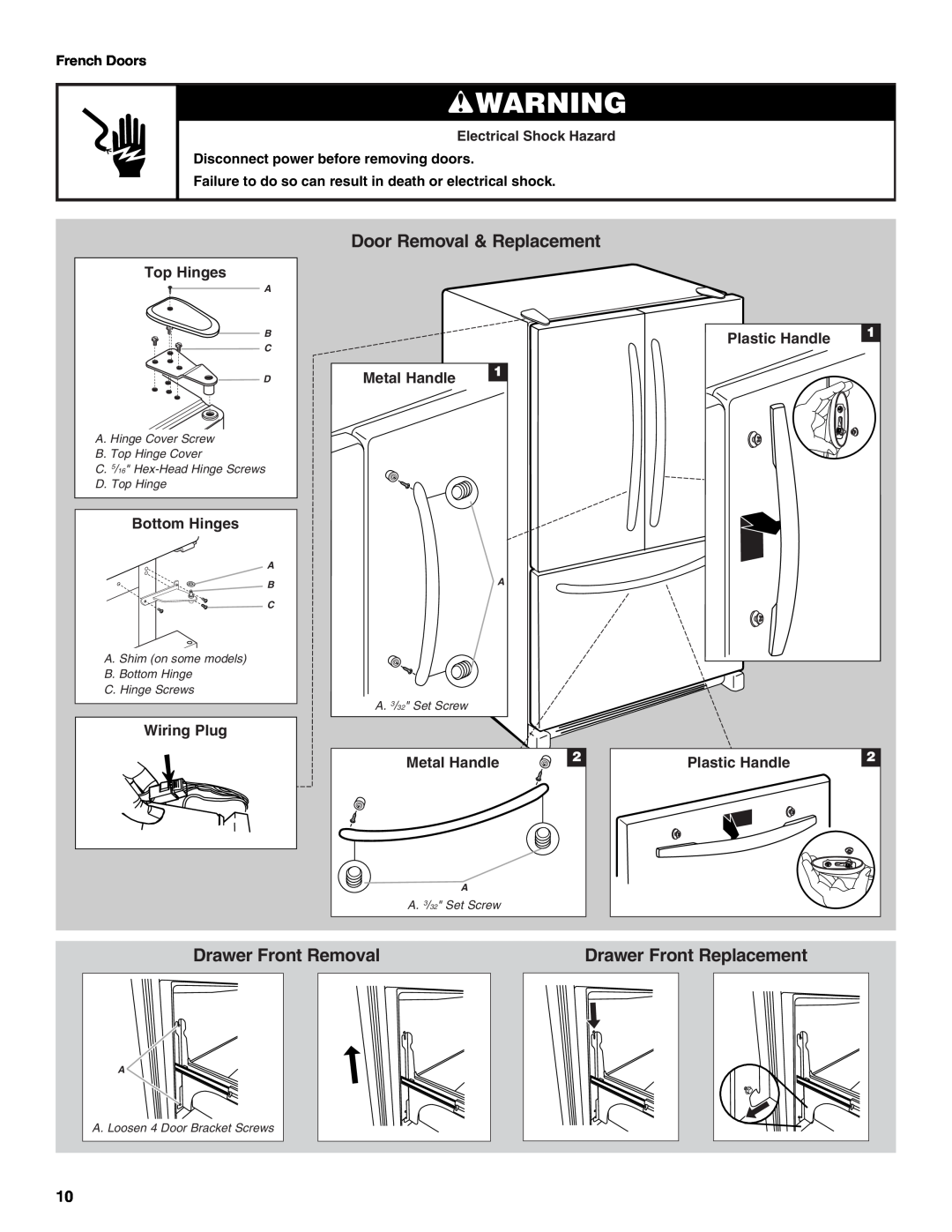 Whirlpool W10200283A Door Removal & Replacement, Top Hinges, Bottom Hinges, Wiring Plug, Metal Handle, Plastic Handle 