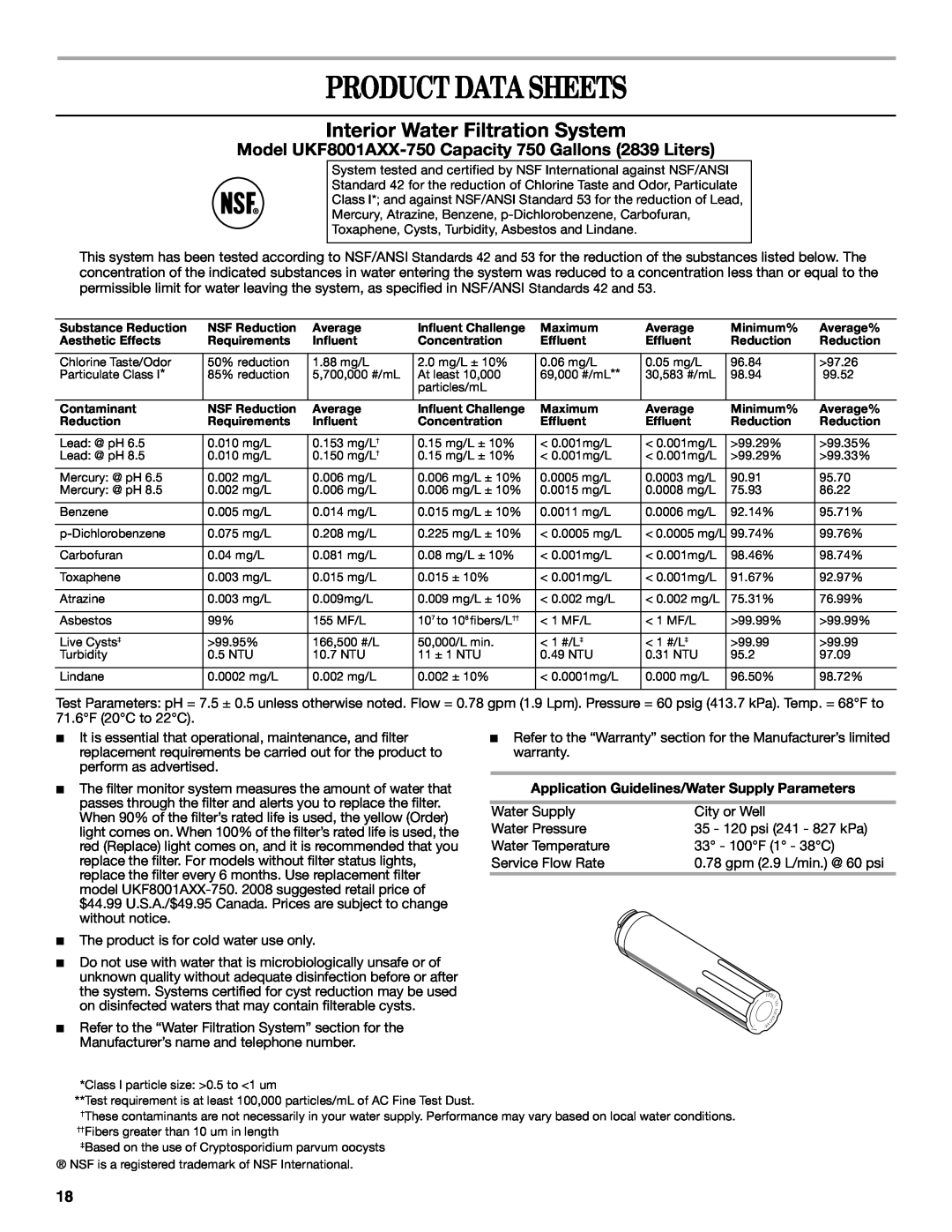 Whirlpool W10200283A Product Data Sheets, Interior Water Filtration System, Application Guidelines/Water Supply Parameters 