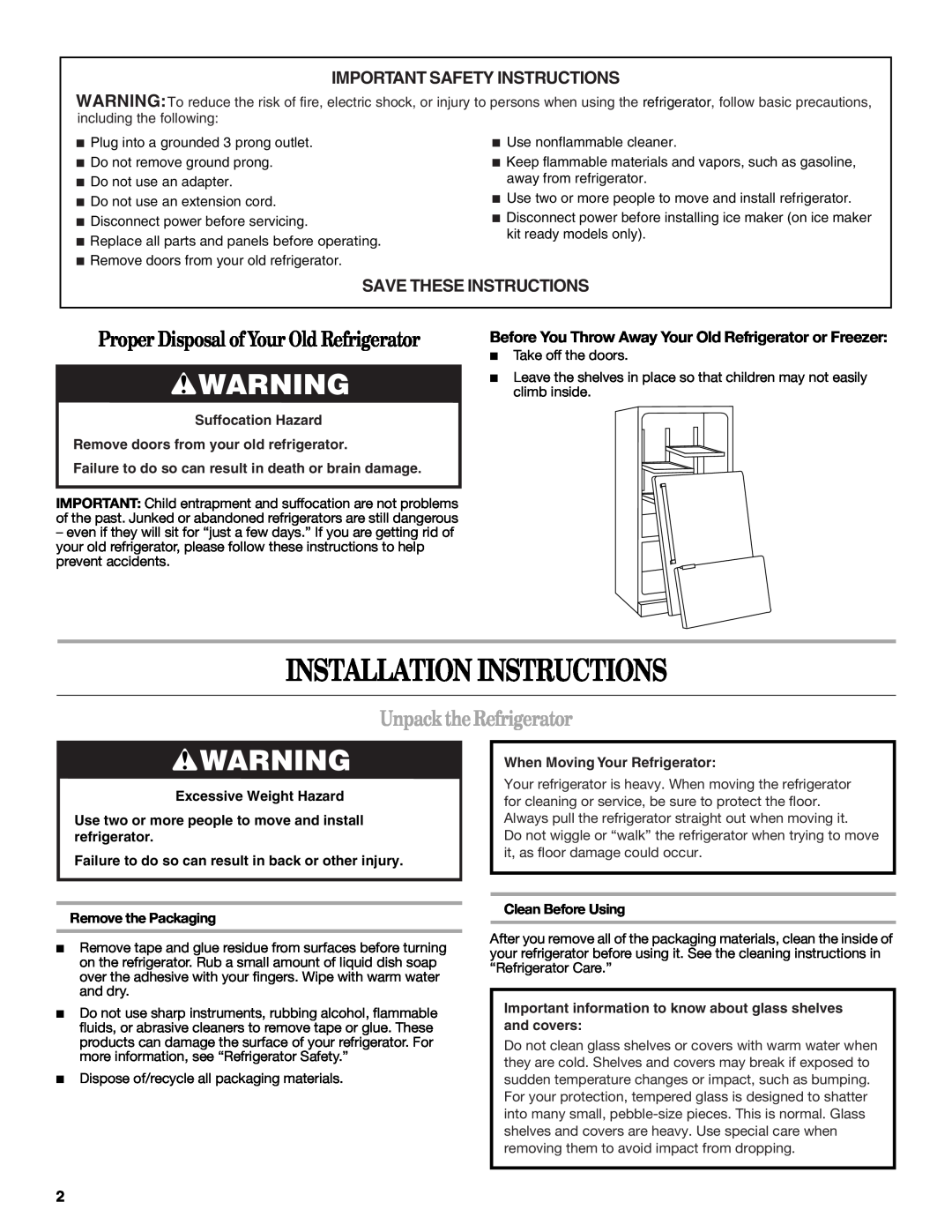 Whirlpool W10200283A Installation Instructions, Unpack the Refrigerator, Important Safety Instructions, Clean Before Using 