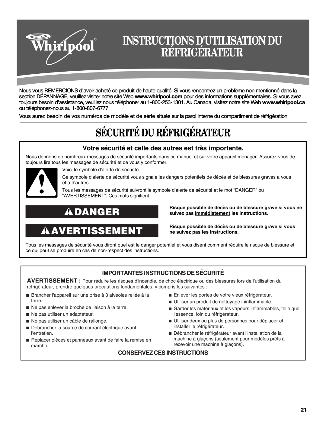 Whirlpool W10200284A, W10200283A Sécurité Du Réfrigérateur, Danger Avertissement, Importantes Instructions De Sécurité 