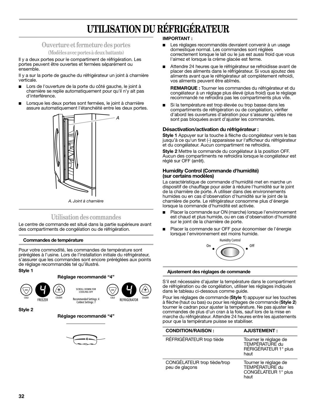 Whirlpool W10200283A Utilisation Du Réfrigérateur, Ouvertureet fermeture des portes, Utilisation des commandes, Ajustement 