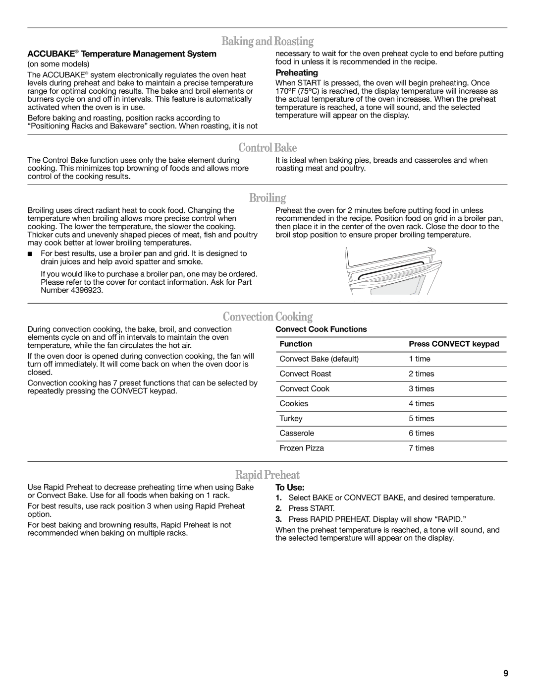 Whirlpool W10204499A, W10200354B warranty BakingandRoasting, ControlBake, Broiling, ConvectionCooking, RapidPreheat 