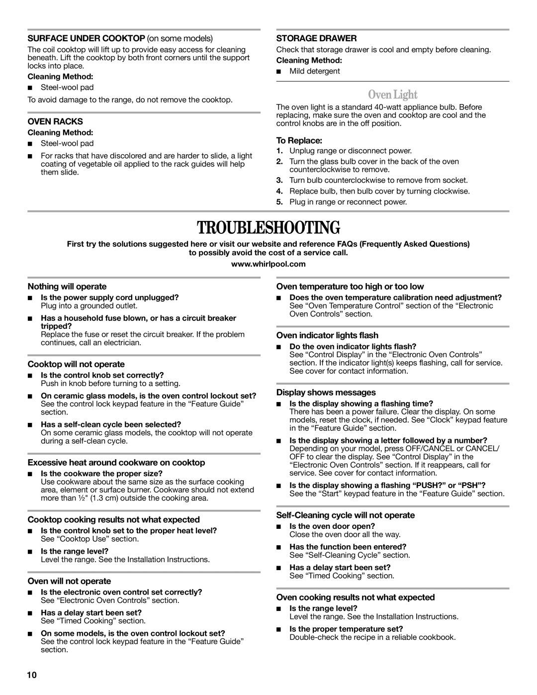 Whirlpool W10200356B warranty Troubleshooting, OvenLight 