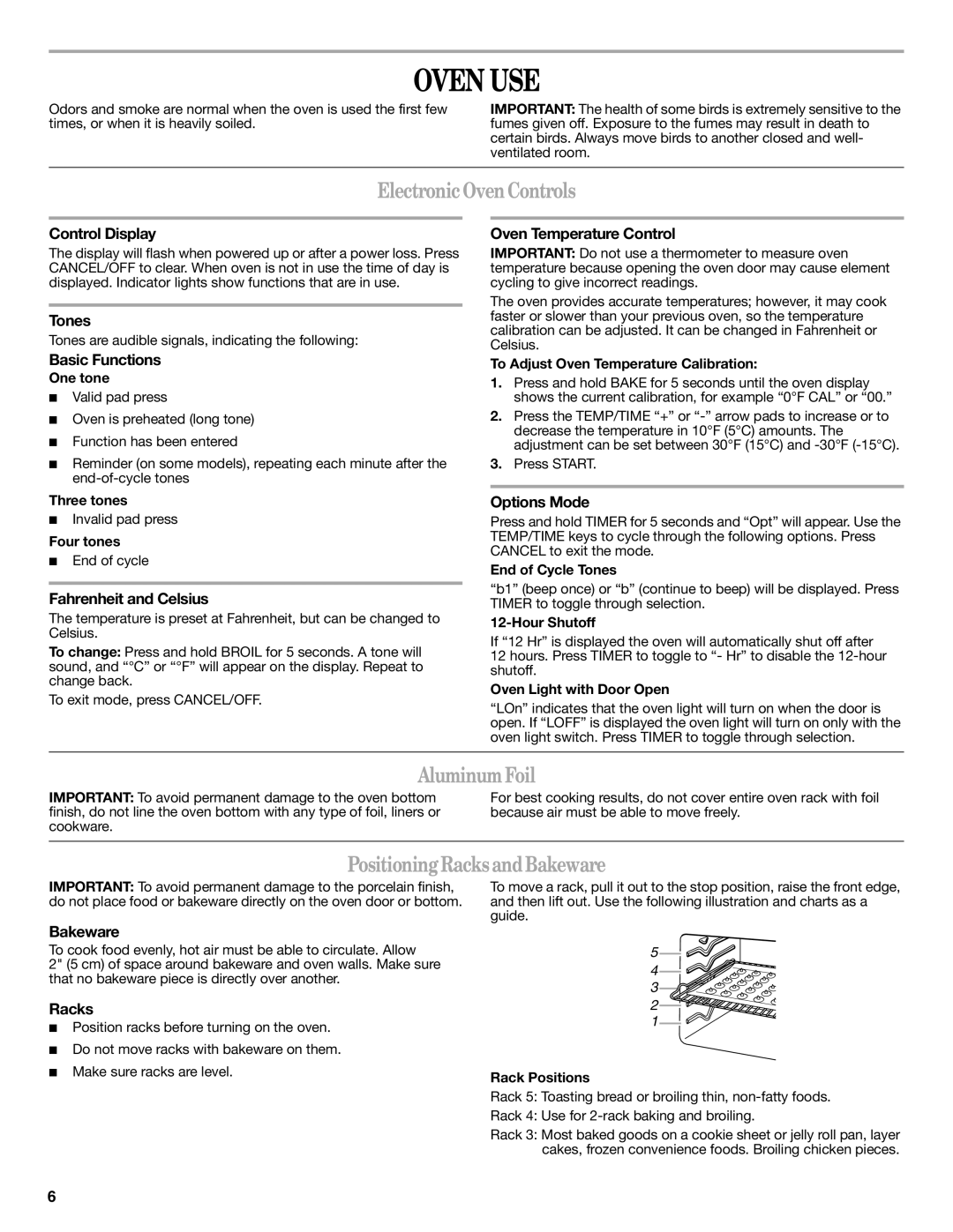 Whirlpool W10200356B warranty Oven USE, Electronic OvenControls, AluminumFoil, PositioningRacksandBakeware 