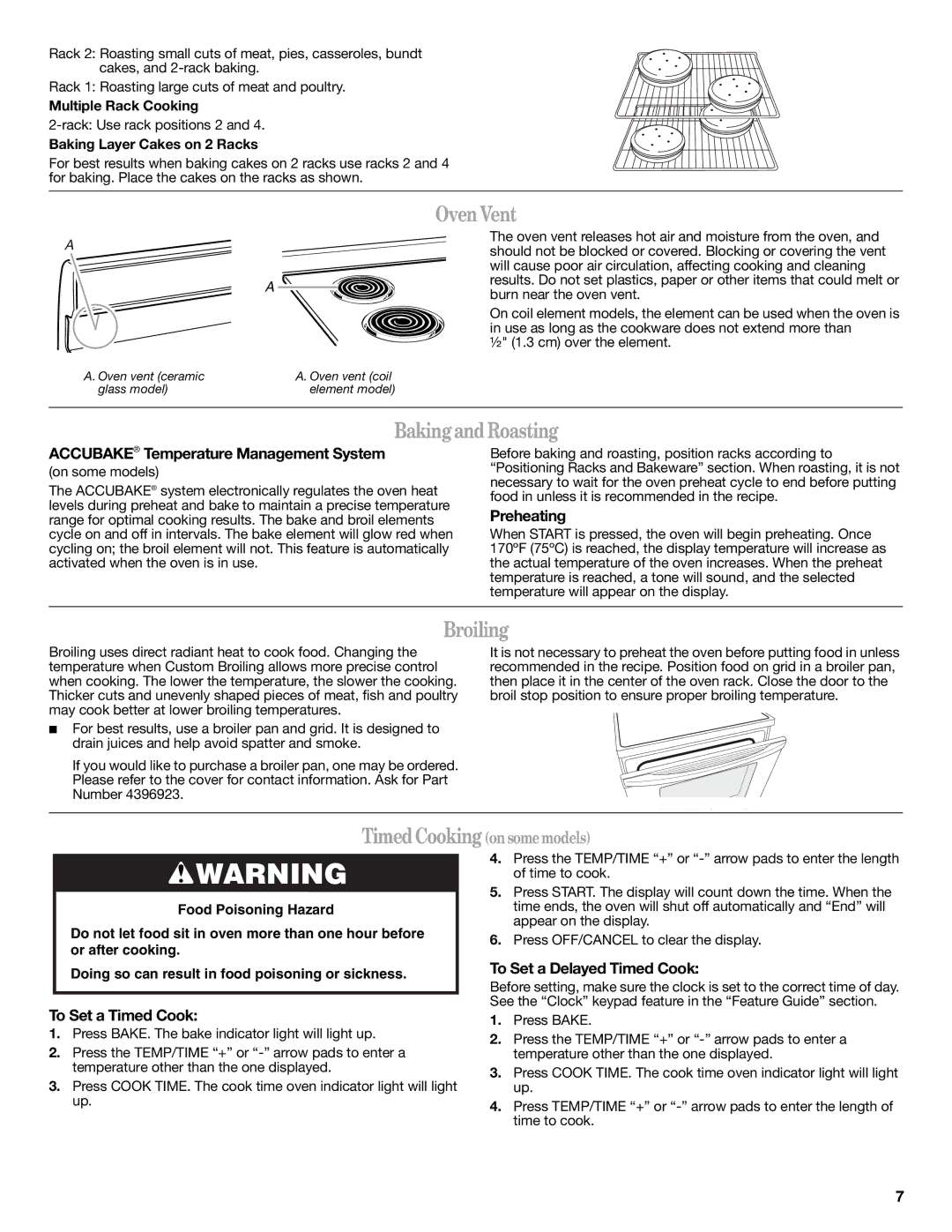 Whirlpool W10200356B warranty OvenVent, BakingandRoasting, Broiling 