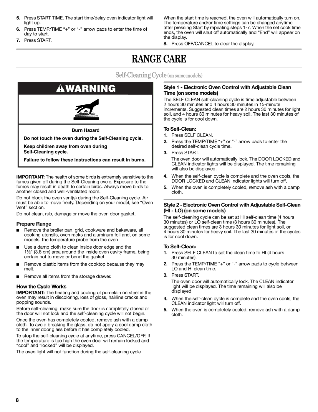 Whirlpool W10200356B warranty Range Care, Self-CleaningCycleonsomemodels, To Self-Clean, Prepare Range, How the Cycle Works 