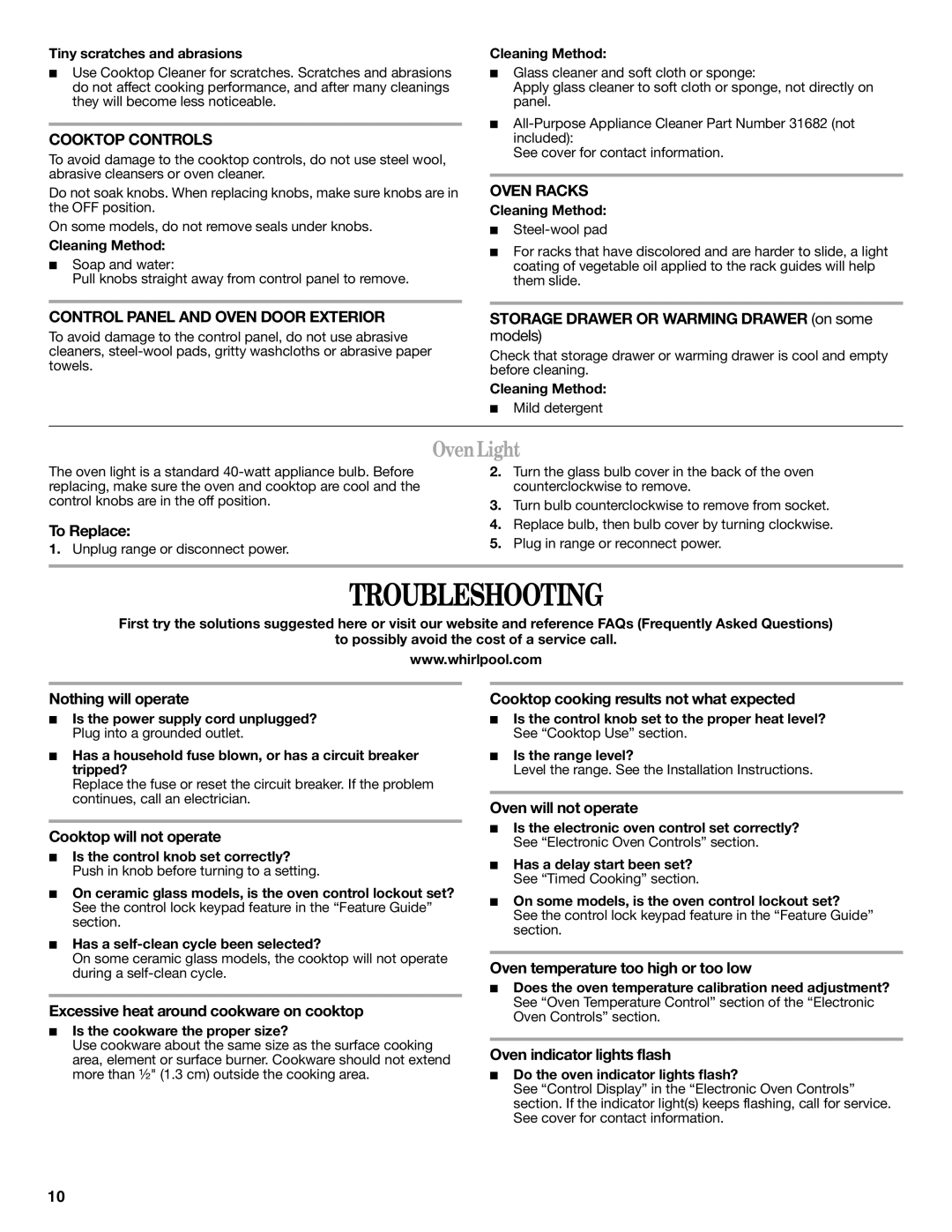 Whirlpool W10200357B warranty Troubleshooting, OvenLight 