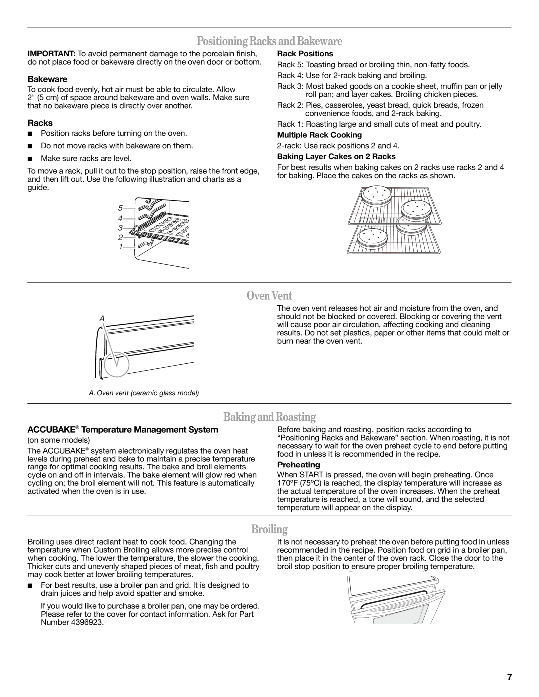 Whirlpool W10200357B warranty PositioningRacks andBakeware, OvenVent, BakingandRoasting, Broiling 