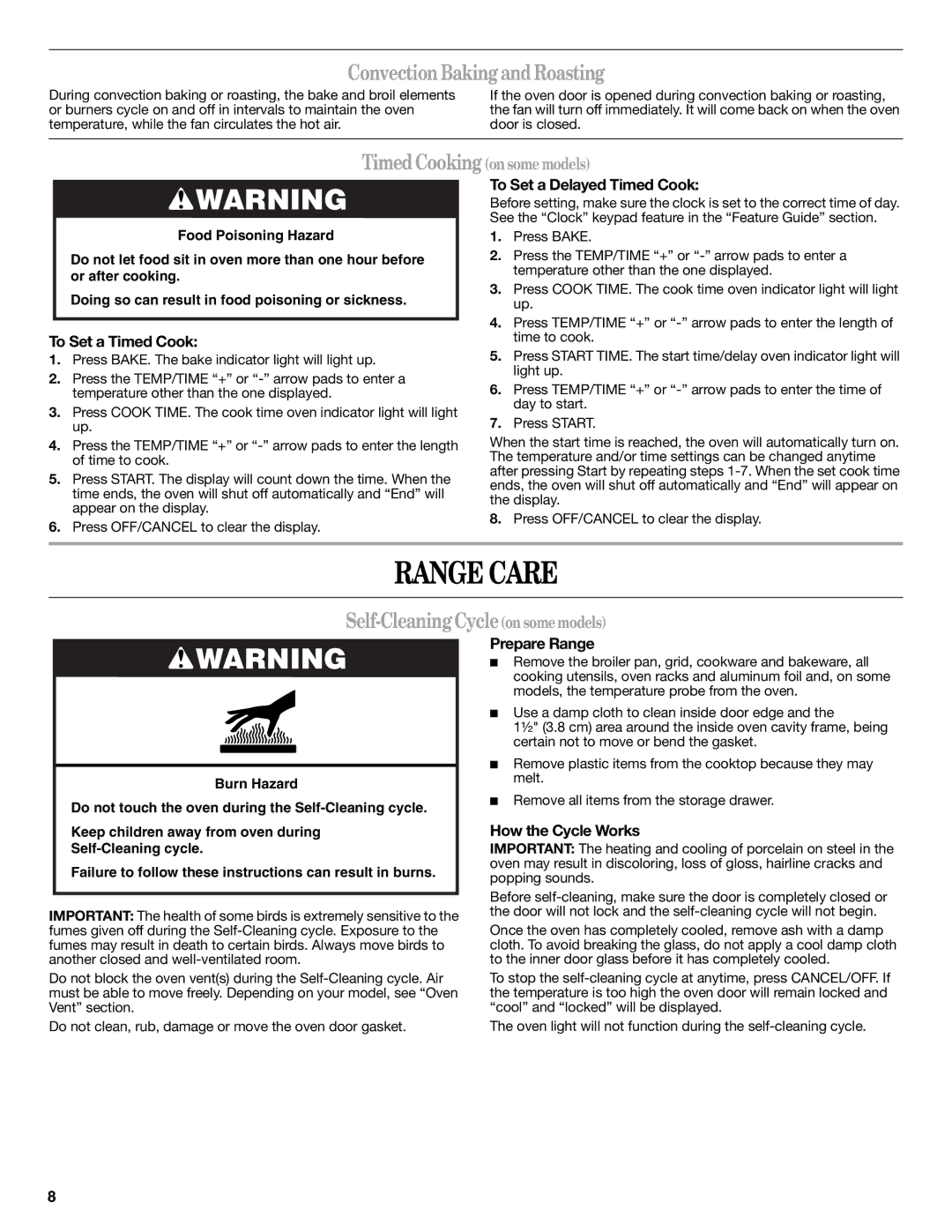 Whirlpool W10200357B warranty Range Care, ConvectionBakingandRoasting, Self-CleaningCycleonsomemodels 