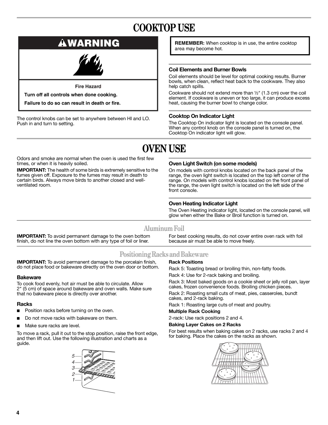 Whirlpool W10200359D warranty Cooktop USE, Oven USE, Aluminum Foil, Positioning Racks and Bakeware 