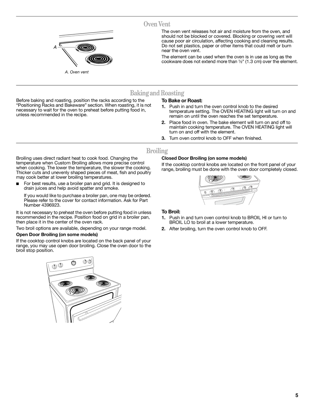 Whirlpool W10200359D warranty Oven Vent, Baking and Roasting, Broiling, To Bake or Roast, To Broil 