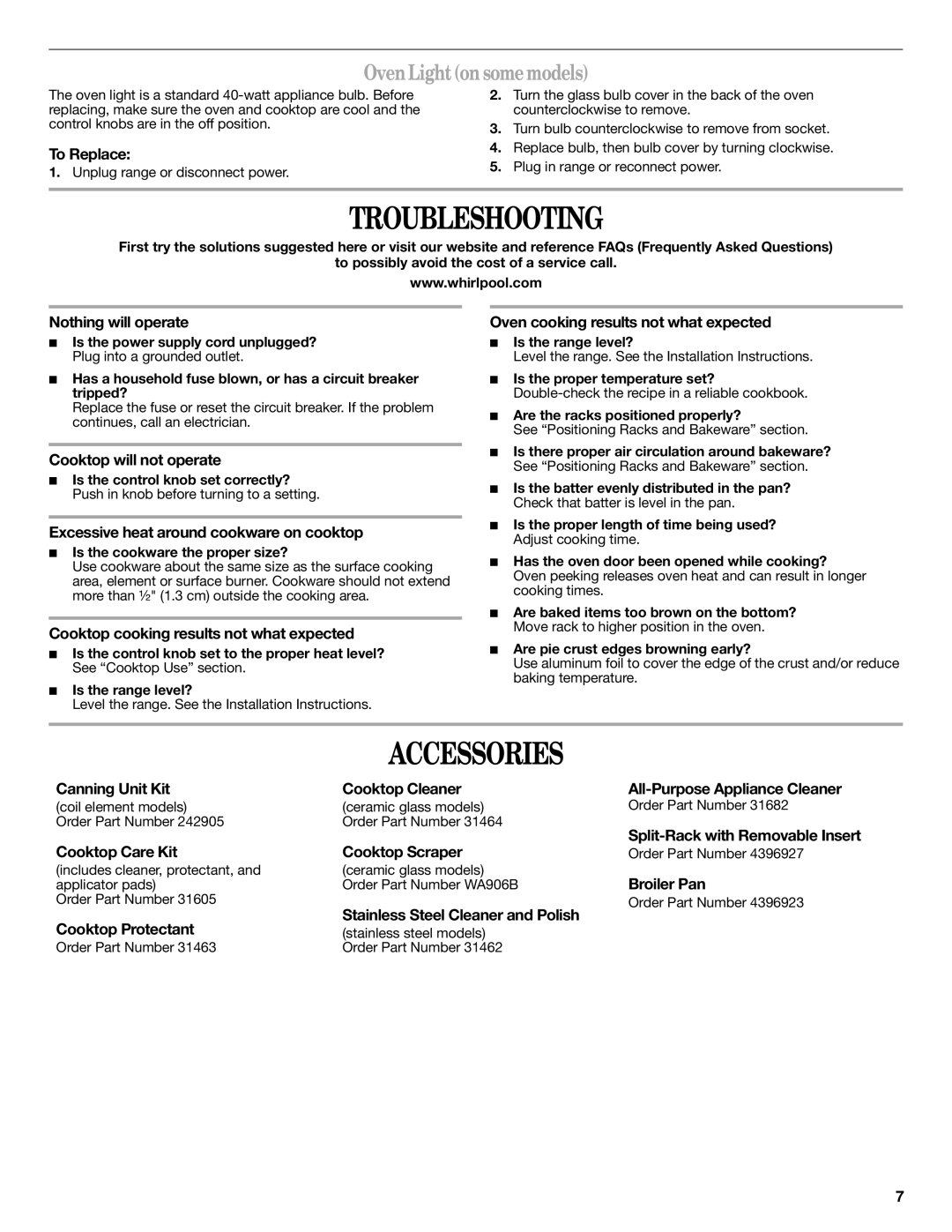 Whirlpool W10200359D warranty Troubleshooting, Accessories, Oven Light on some models 