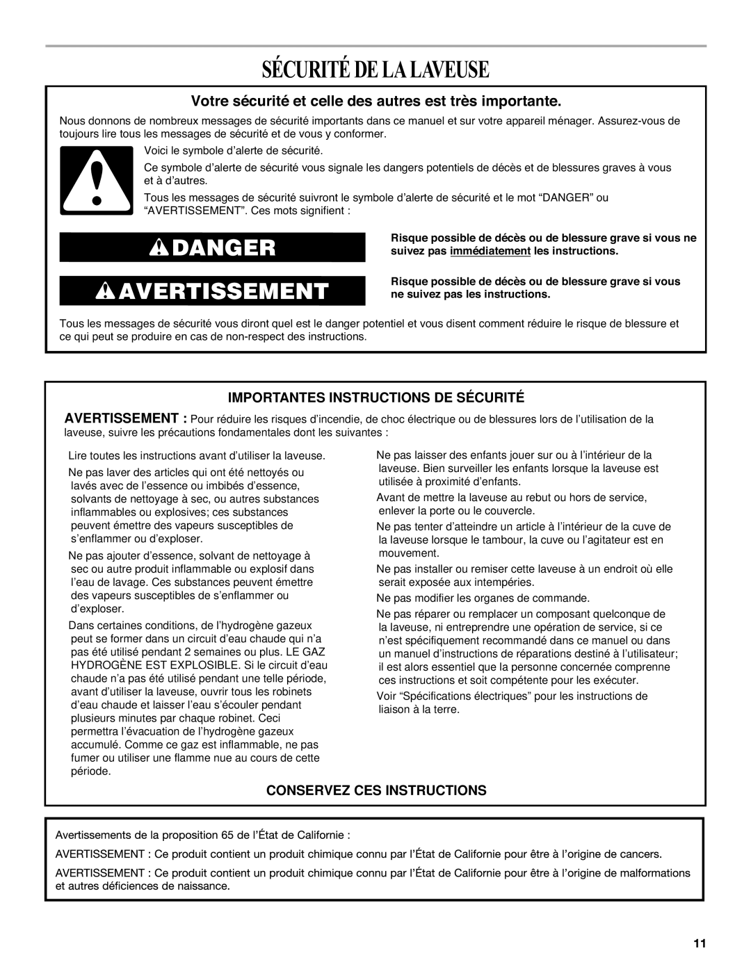 Whirlpool W10200829B-SP, W10200828B warranty Sécurité DE LA Laveuse, Votre sécurité et celle des autres est très importante 