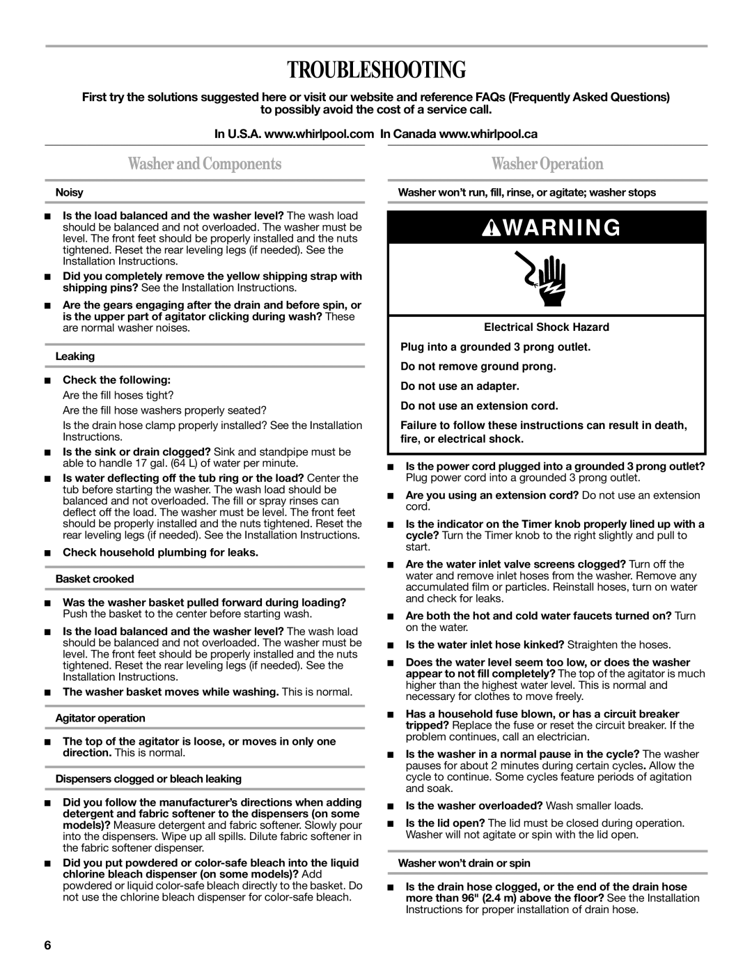 Whirlpool W10200828B, W10200829B-SP warranty Troubleshooting, Washer and Components 