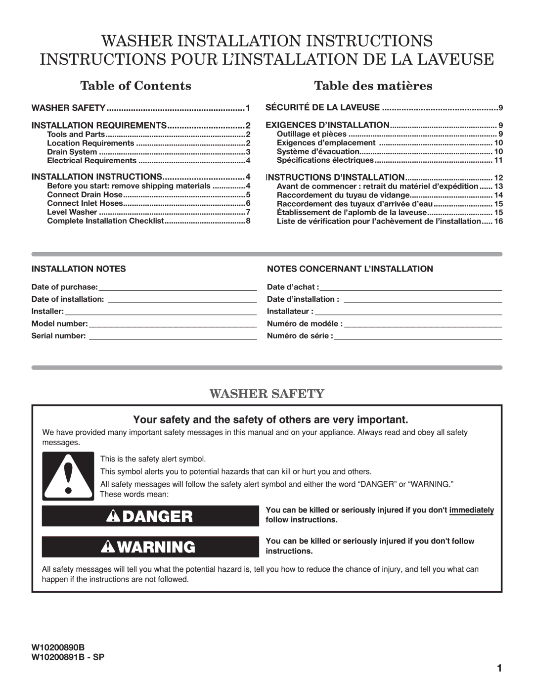 Whirlpool W10200890B, W10200891B - SP installation instructions Table of Contents Table des matières, Washer Safety 