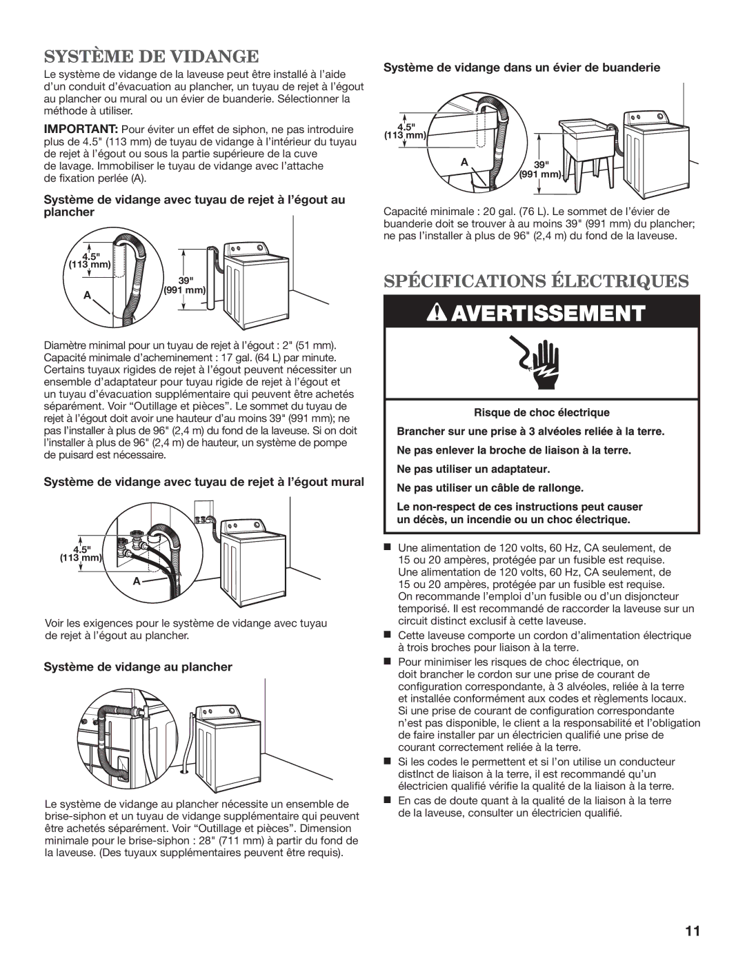 Whirlpool W10200890B, W10200891B - SP Système DE Vidange, SPéCIFICATIONS éLECTRIQUES, Système de vidange au plancher 