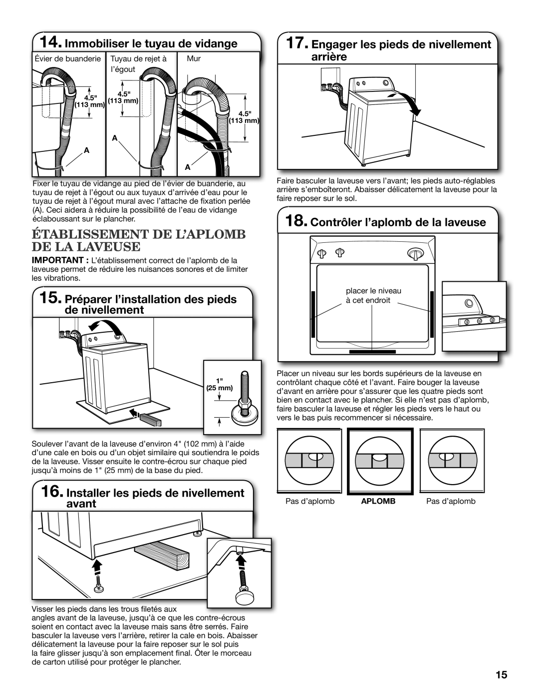 Whirlpool W10200890B Établissement de l’aplomb de la laveuse, Arrière, Installer les pieds de nivellement avant 