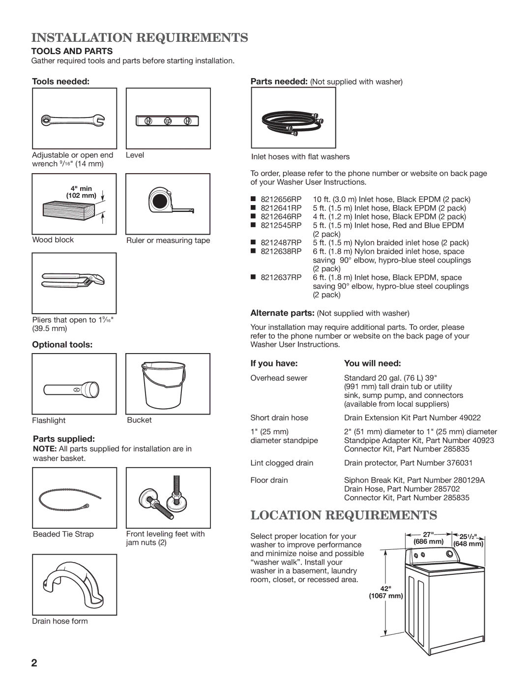 Whirlpool W10200891B - SP, W10200890B installation instructions Installation Requirements, Location Requirements 