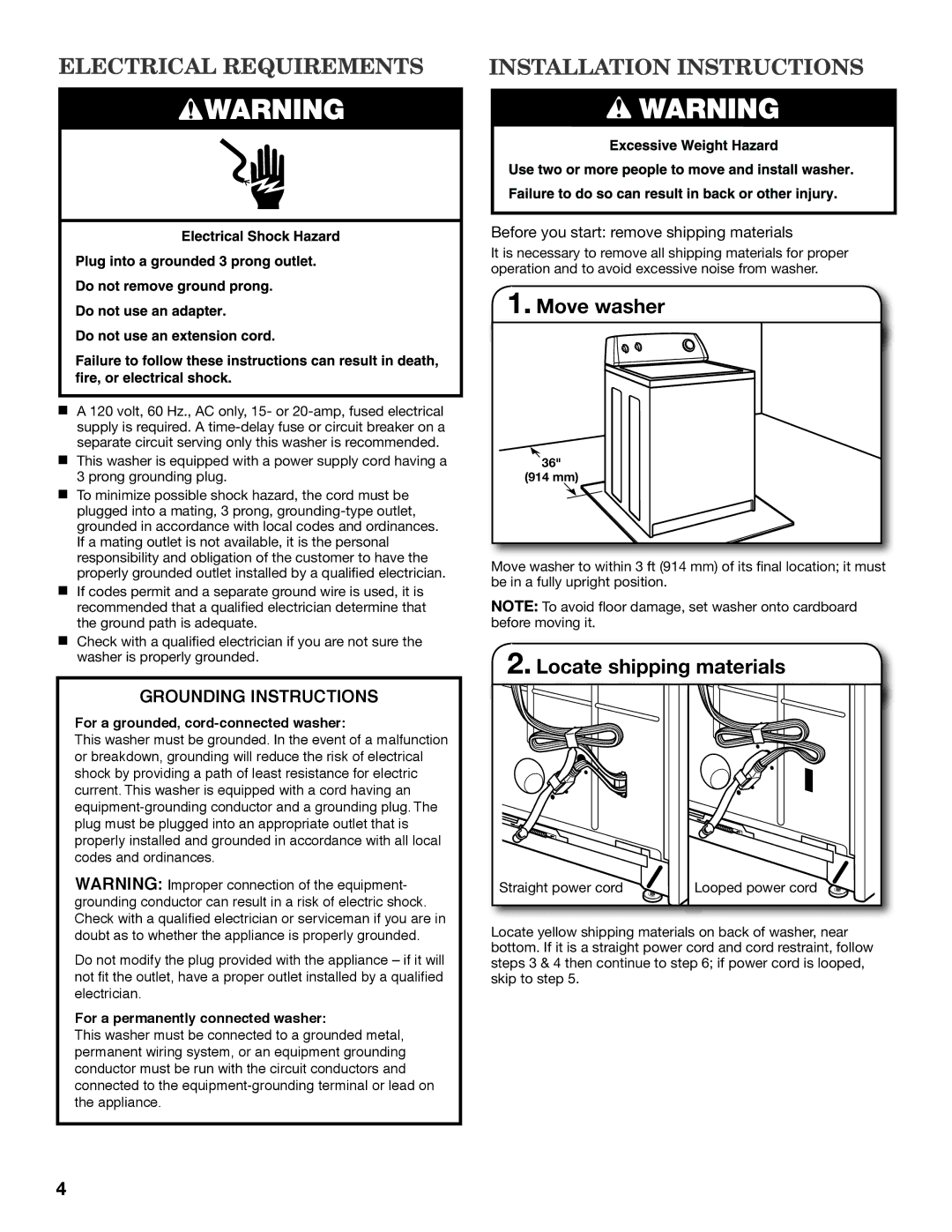 Whirlpool W10200891B - SP Electrical Requirements, Installation Instructions, Move washer, Locate shipping materials 