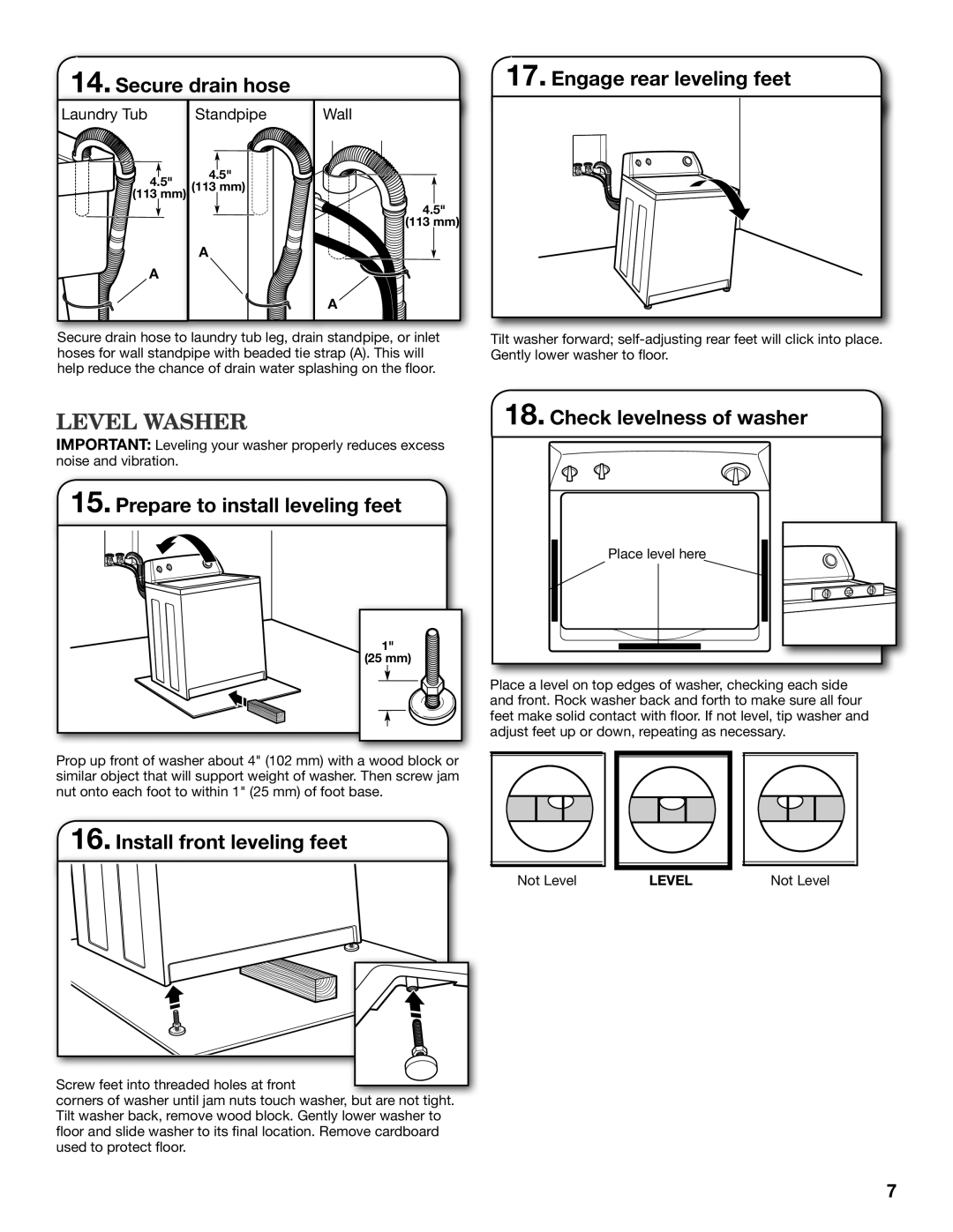 Whirlpool W10200890B Level Washer, Secure drain hose Engage rear leveling feet, Prepare to install leveling feet 