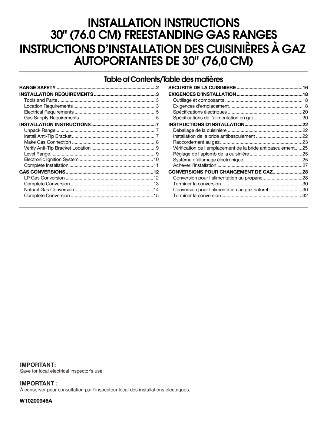 Whirlpool W10200946A installation instructions Autoportantes DE 30 76,0 CM 