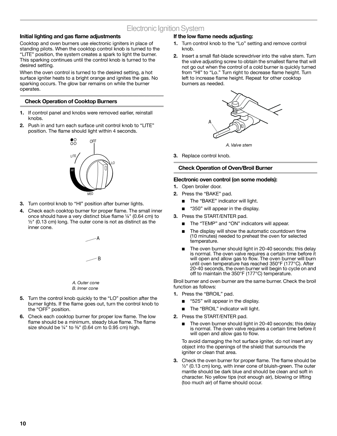 Whirlpool W10200946A installation instructions Electronic Ignition System, Initial lighting and gas flame adjustments 