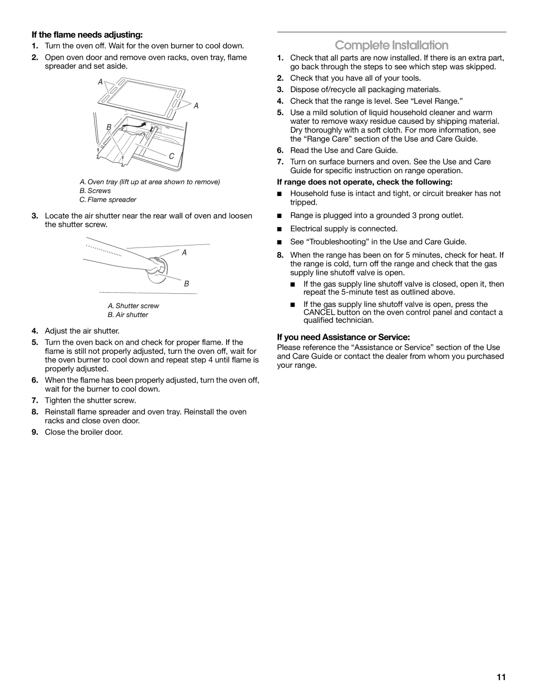 Whirlpool W10200946A Complete Installation, If the flame needs adjusting, If you need Assistance or Service 