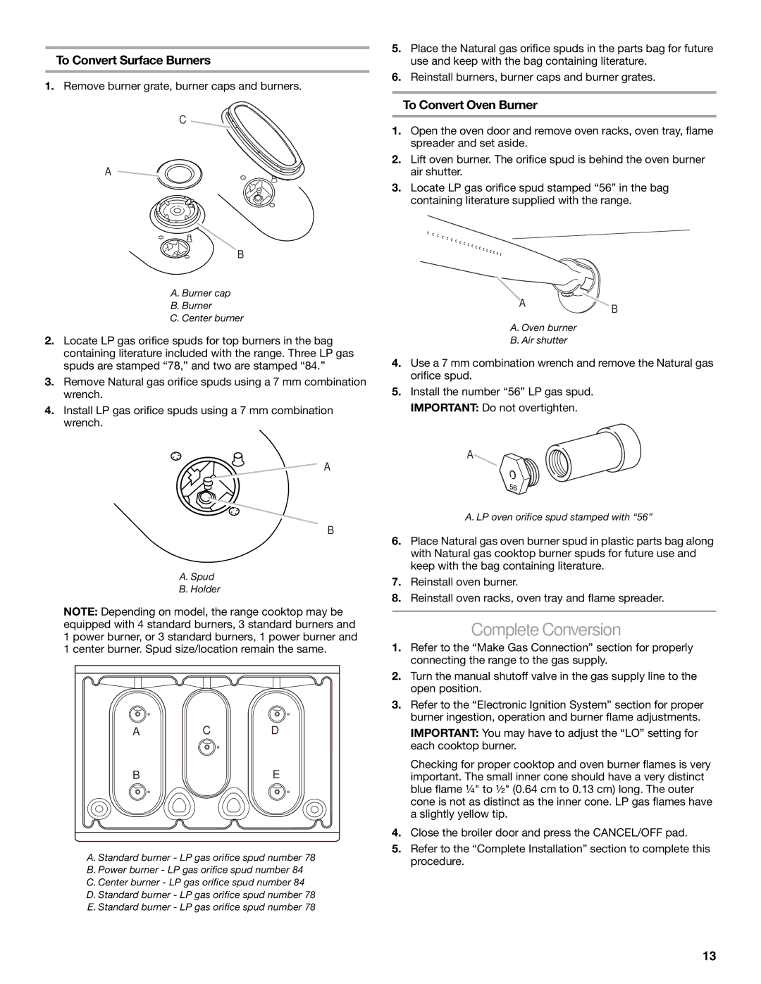 Whirlpool W10200946A installation instructions Complete Conversion, To Convert Surface Burners, To Convert Oven Burner 