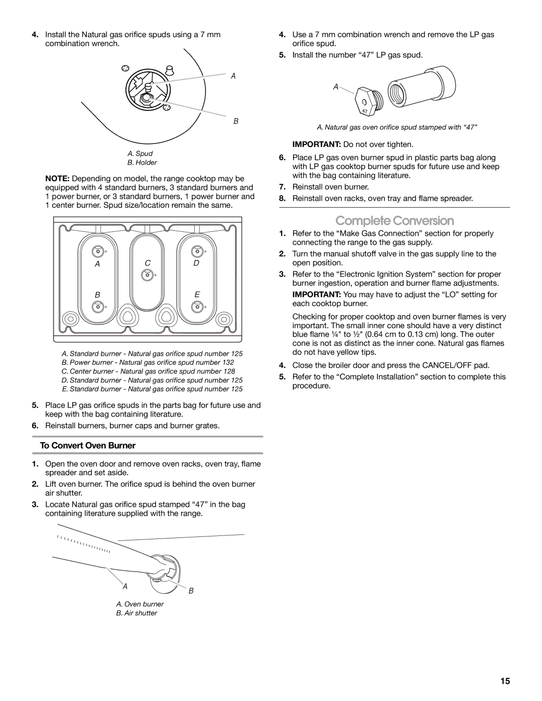 Whirlpool W10200946A installation instructions Natural gas oven orifice spud stamped with 