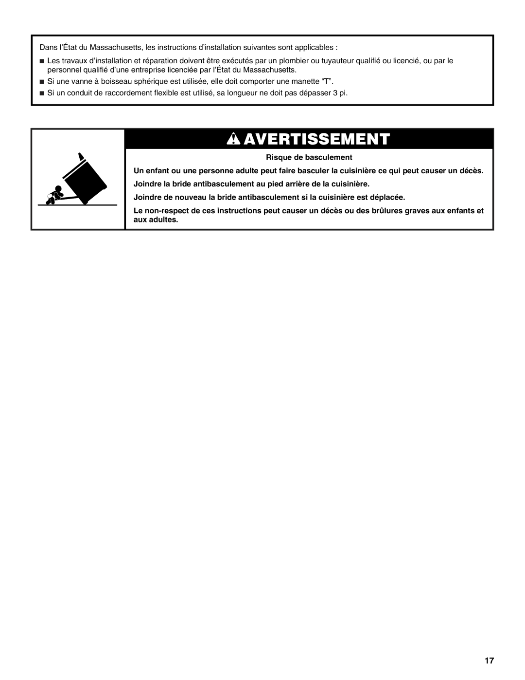 Whirlpool W10200946A installation instructions Avertissement 