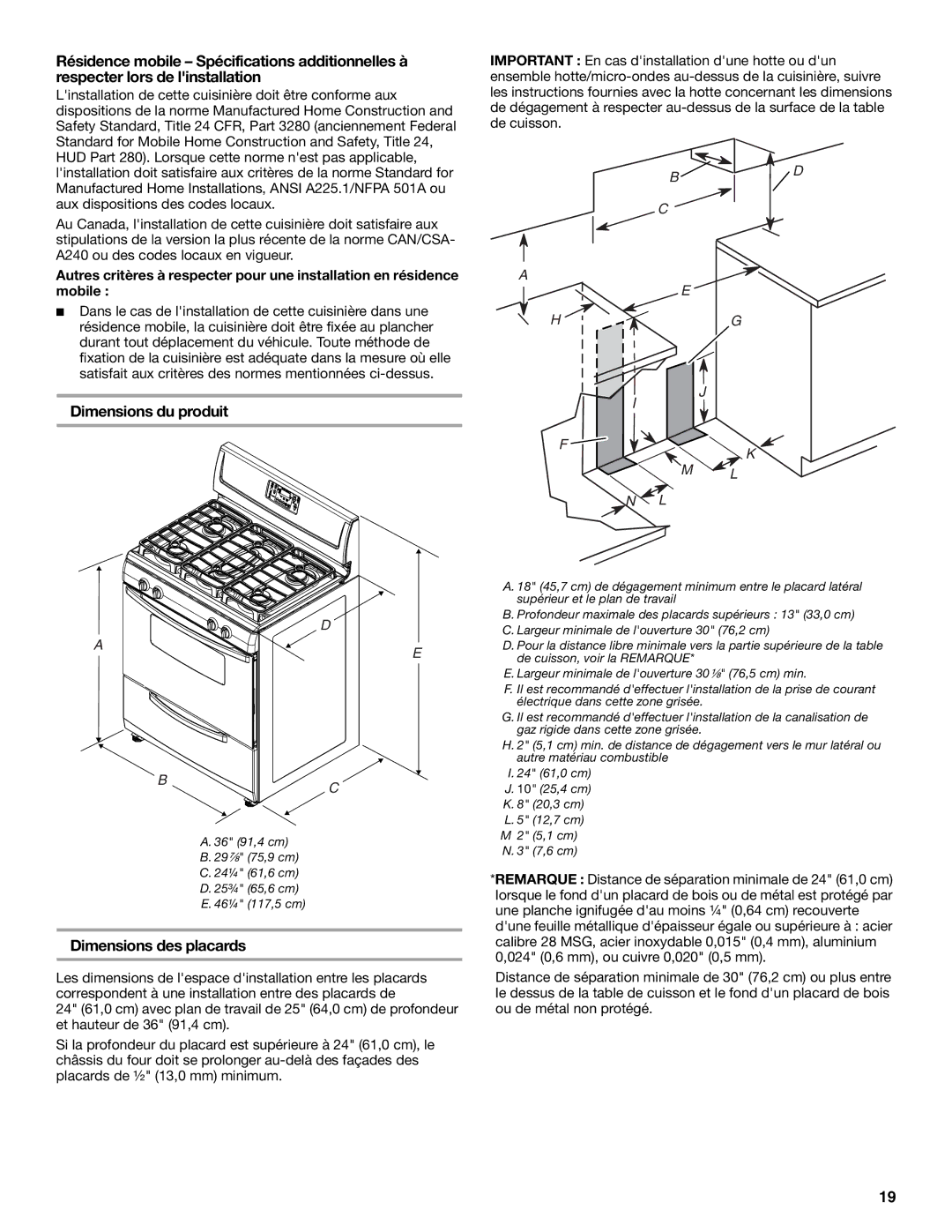 Whirlpool W10200946A installation instructions Dimensions du produit, Dimensions des placards 