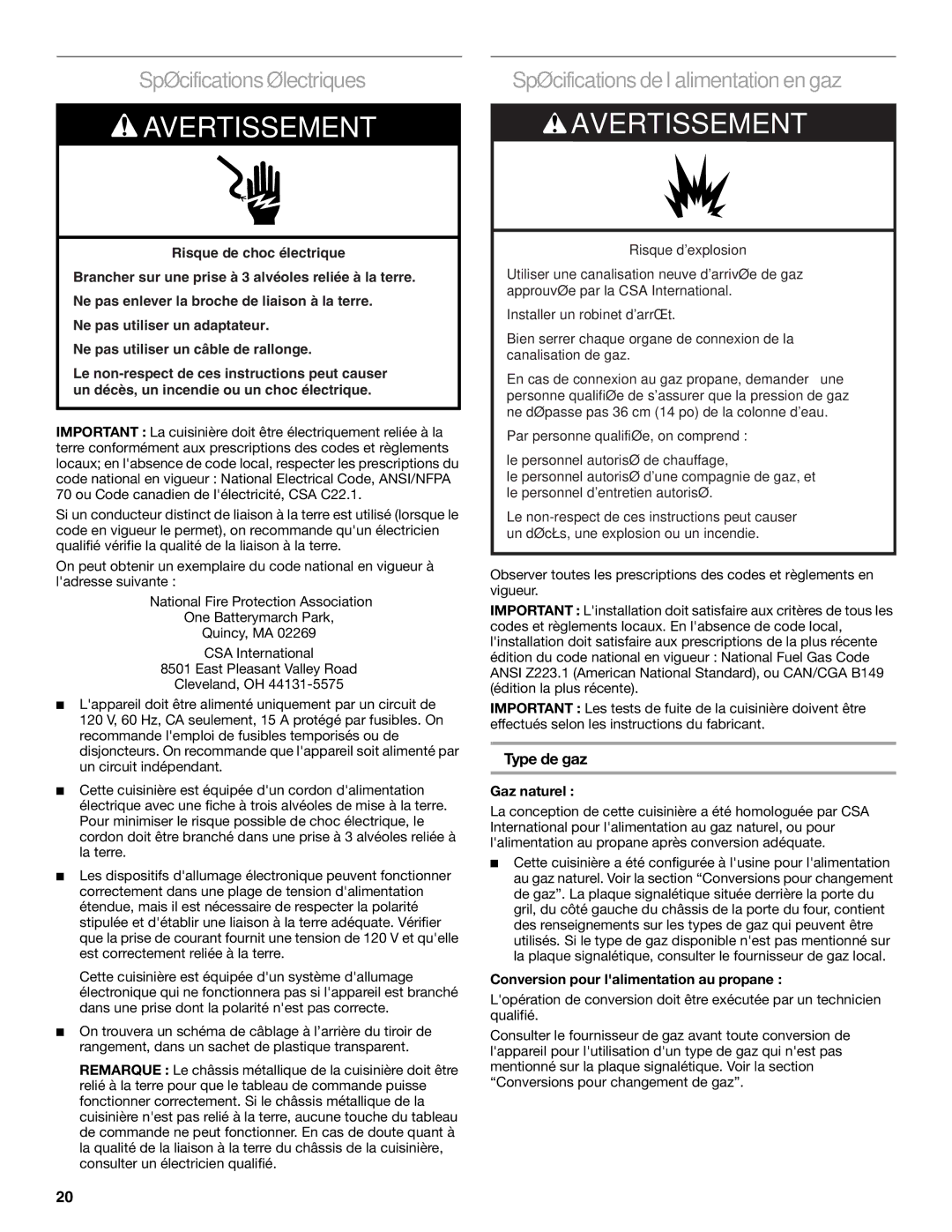 Whirlpool W10200946A Spécifications électriques, Spécifications de l’alimentation en gaz, Type de gaz, Gaz naturel 