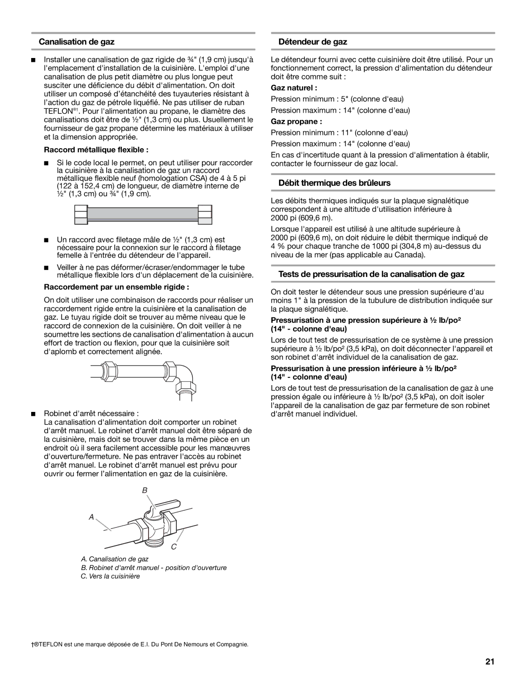 Whirlpool W10200946A installation instructions Canalisation de gaz, Détendeur de gaz, Débit thermique des brûleurs 