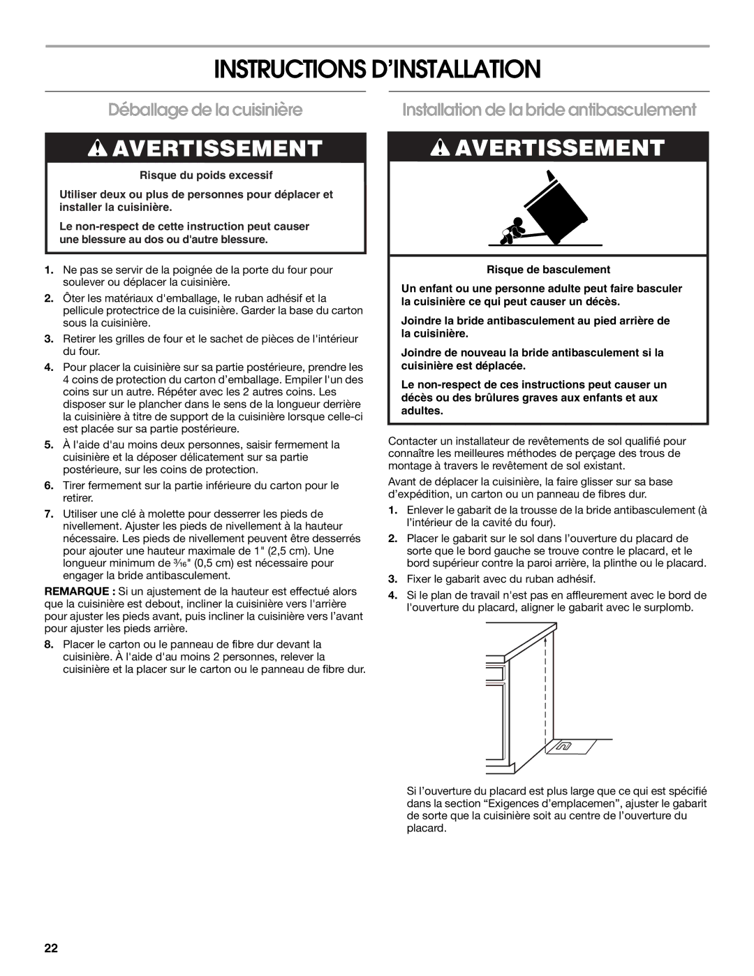 Whirlpool W10200946A Instructions D’INSTALLATION, Déballage de la cuisinière, Installation de la bride antibasculement 