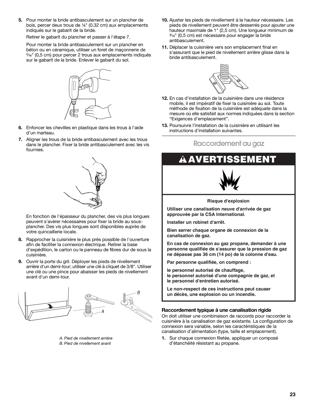 Whirlpool W10200946A installation instructions Raccordement au gaz, Raccordement typique à une canalisation rigide 