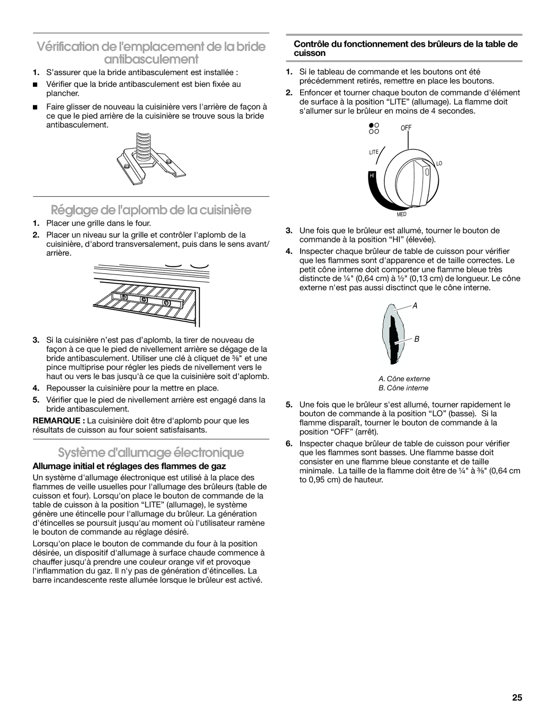 Whirlpool W10200946A Vérification de lemplacement de la bride Antibasculement, Réglage de laplomb de la cuisinière 