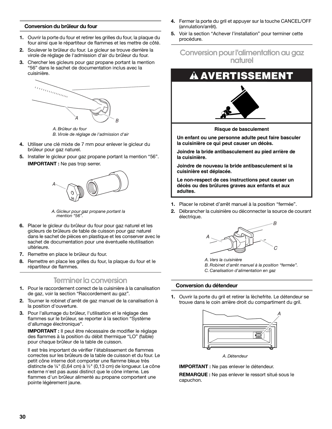 Whirlpool W10200946A Terminer la conversion, Conversion pour lalimentation au gaz Naturel, Conversion du brûleur du four 