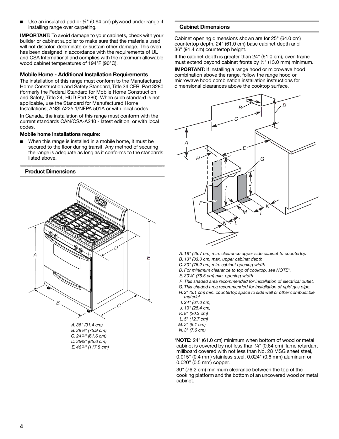 Whirlpool W10200946A Mobile Home Additional Installation Requirements, Product Dimensions, Cabinet Dimensions 