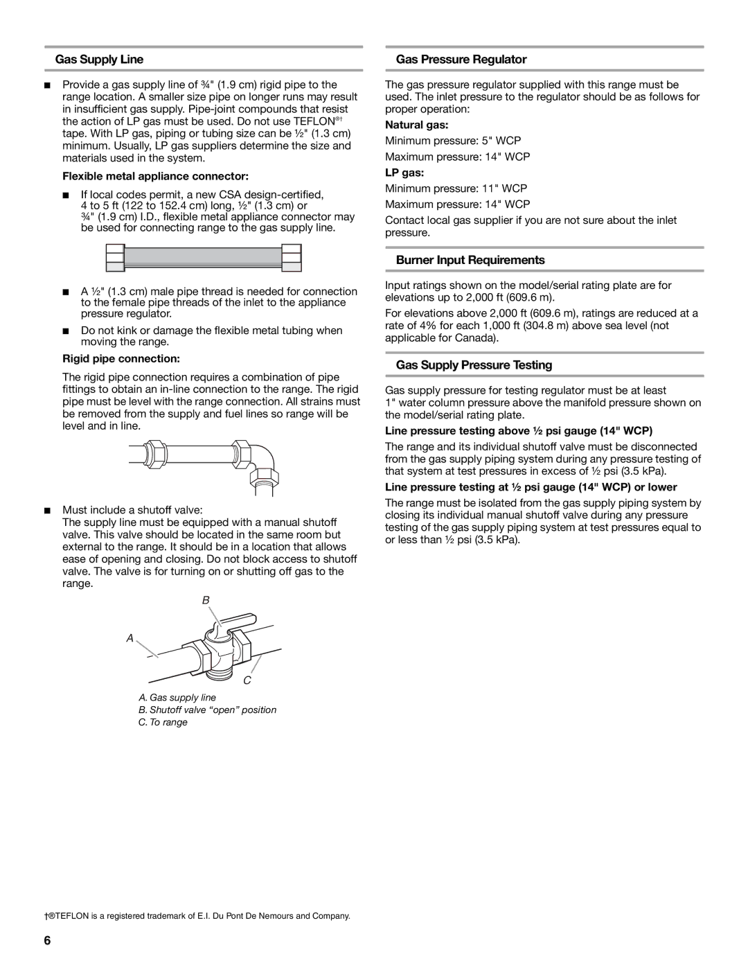 Whirlpool W10200946A Gas Supply Line, Gas Pressure Regulator, Burner Input Requirements, Gas Supply Pressure Testing 