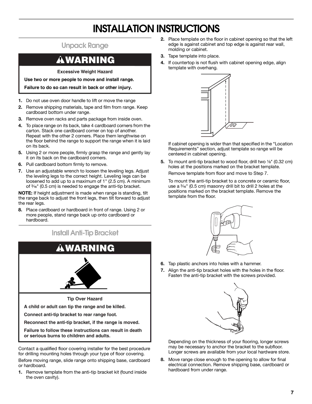 Whirlpool W10200946A installation instructions Installation Instructions, Unpack Range, Install Anti-Tip Bracket 