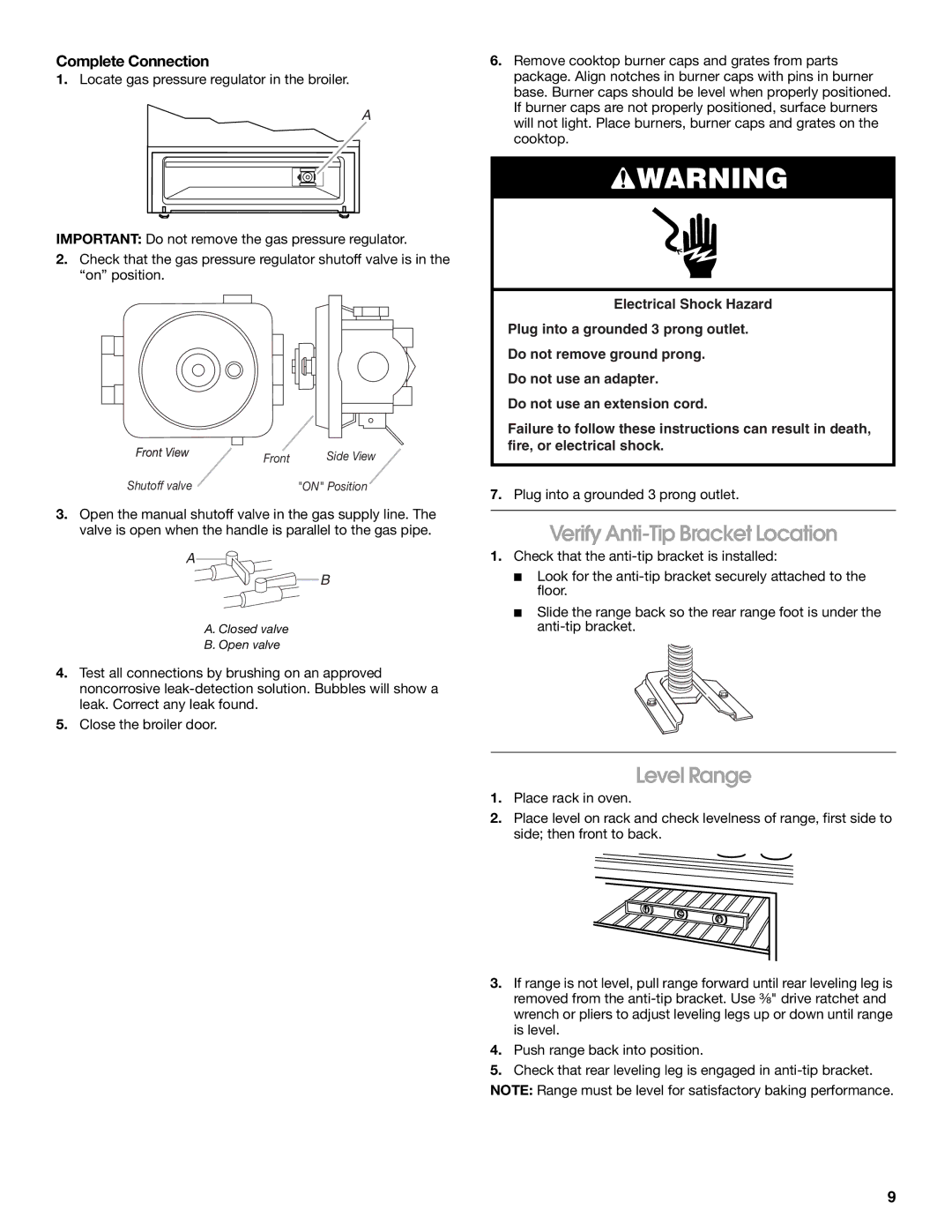 Whirlpool W10200946A installation instructions Verify Anti-Tip Bracket Location, Level Range, Complete Connection 