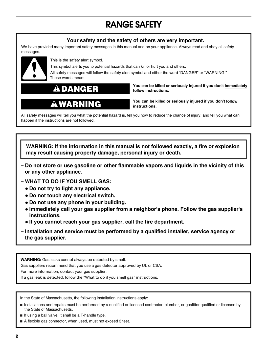 Whirlpool W10200946A installation instructions Range Safety, Danger 