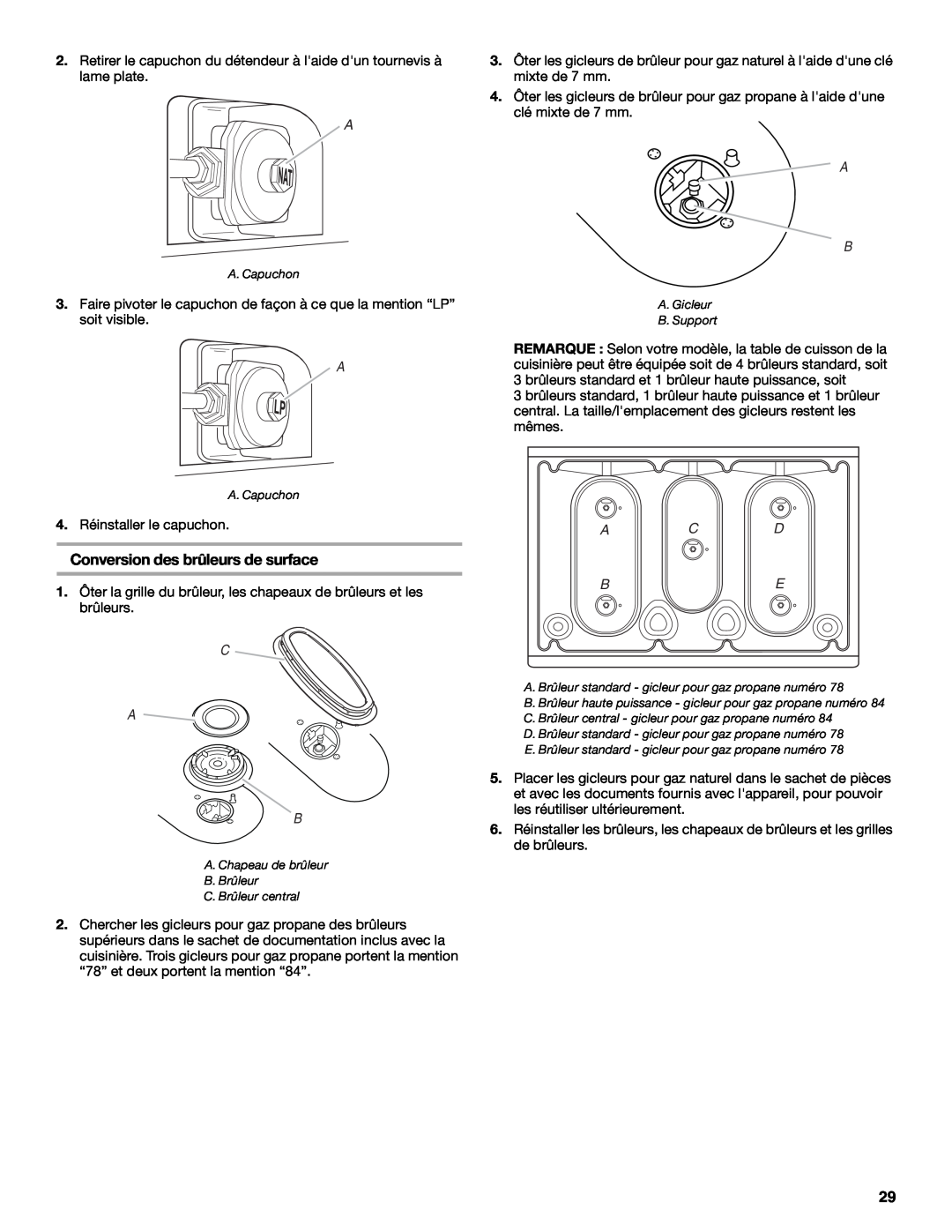 Whirlpool W10200946A installation instructions Conversion des brûleurs de surface, C A B, A C D Be 