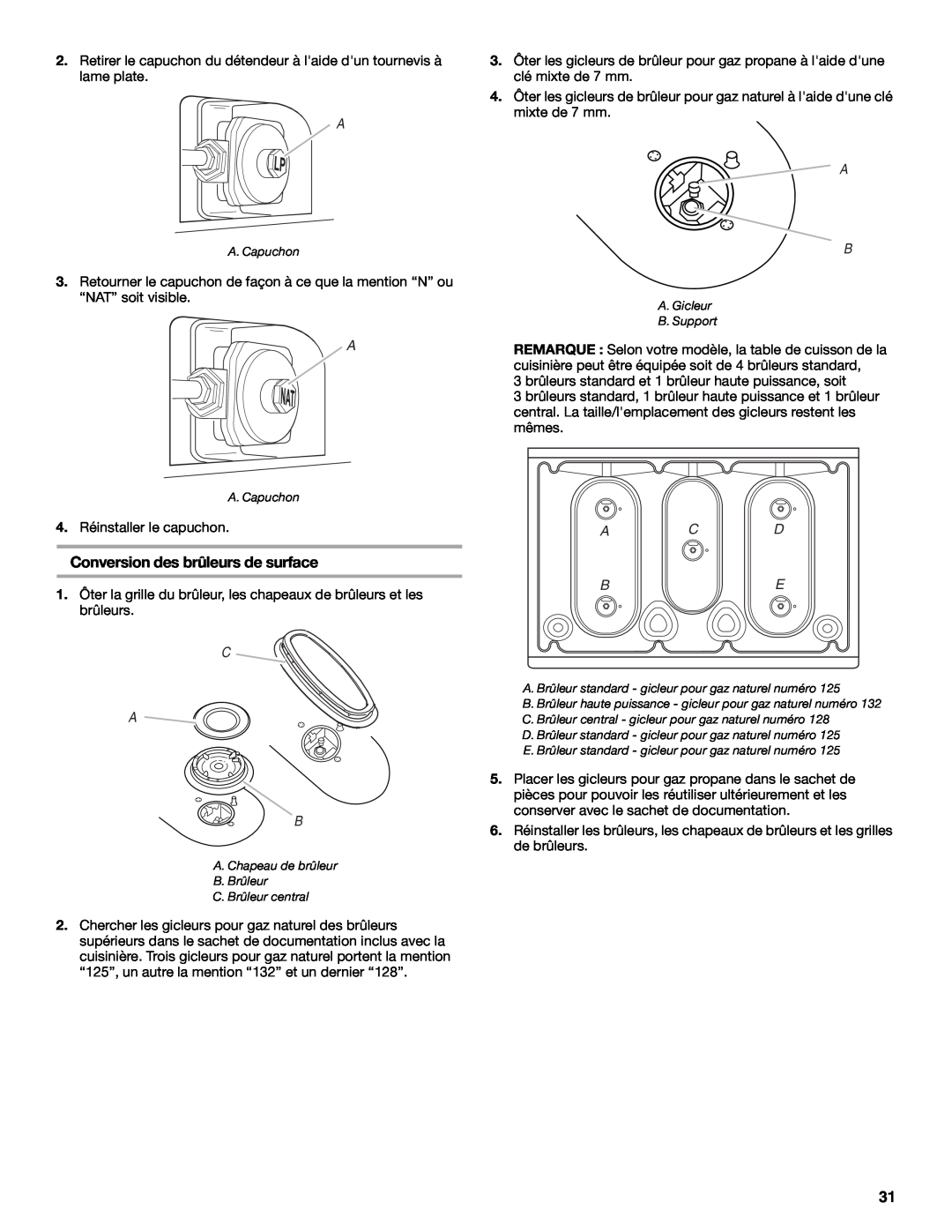 Whirlpool W10200946A installation instructions Conversion des brûleurs de surface, C A B, A C D Be 