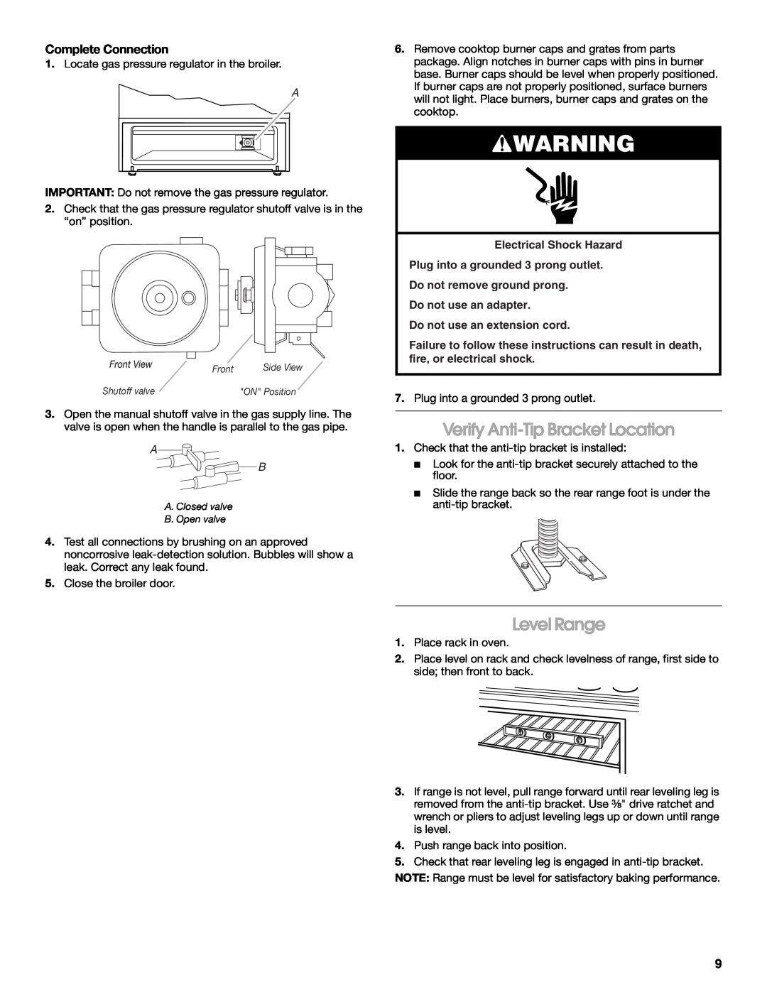 Whirlpool W10200946A installation instructions Verify Anti-Tip Bracket Location, Level Range, Complete Connection 