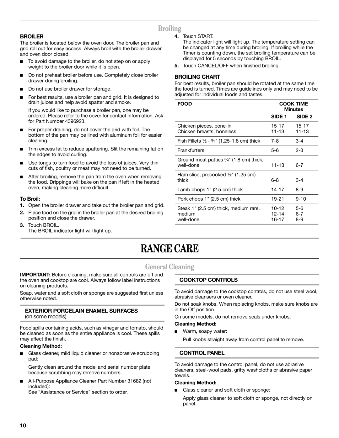 Whirlpool W10200947A manual Range Care, Broiling, GeneralCleaning 