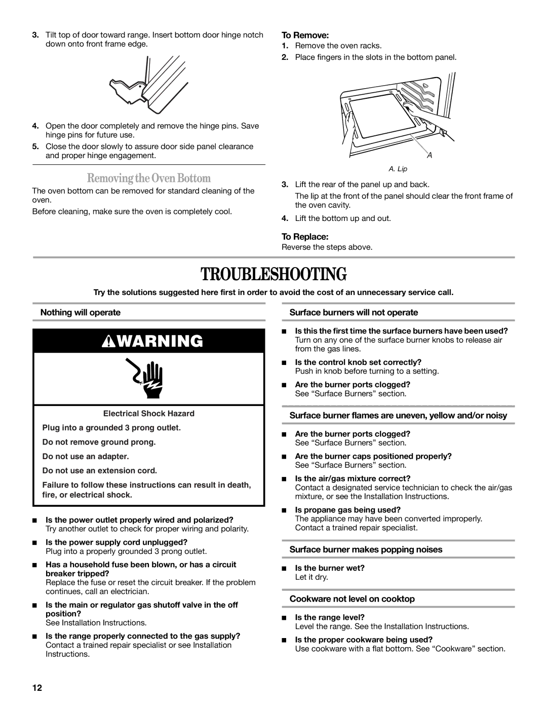 Whirlpool W10200947A manual Troubleshooting, RemovingtheOvenBottom 