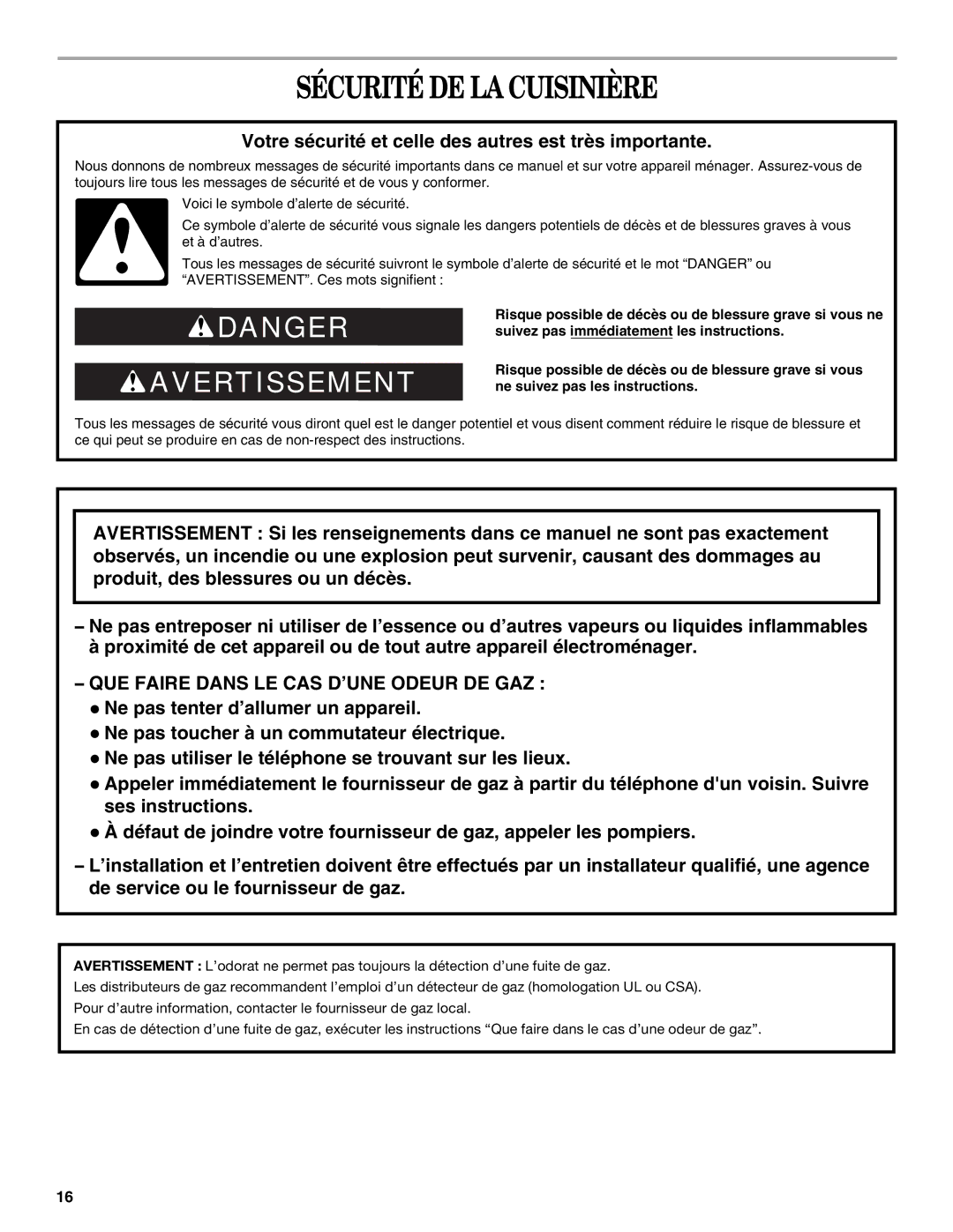 Whirlpool W10200947A manual Sécurité DE LA Cuisinière, Votre sécurité et celle des autres est très importante 