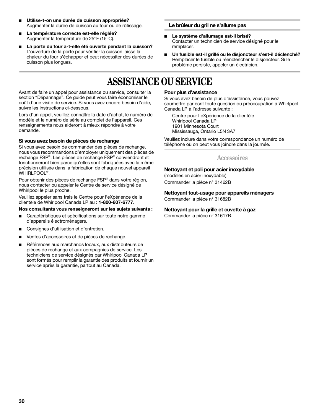 Whirlpool W10200947A manual Assistance OU Service, Accessoires 