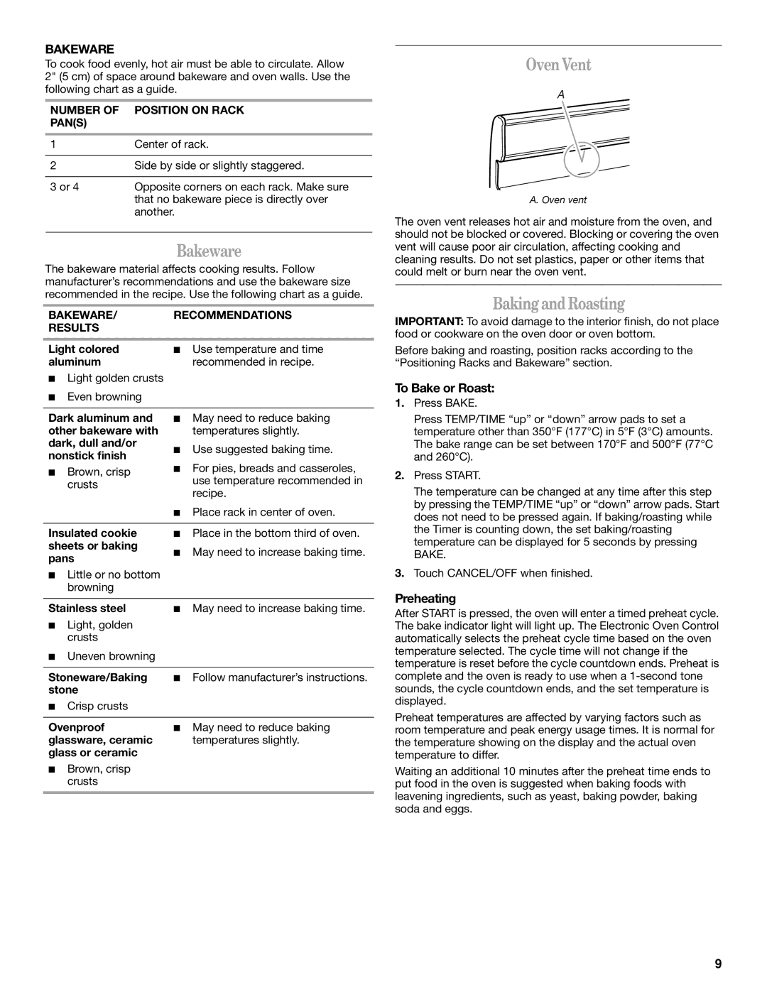 Whirlpool W10200947A manual Bakeware, OvenVent, BakingandRoasting 